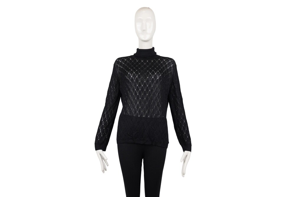 Chanel Black Turtleneck Sweater Pointelle Knit Size 50